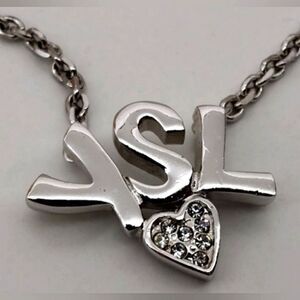 YSL Yves Saint Laurent Rhinestone Heart Silver Necklace Choker Jewelry Authentic
